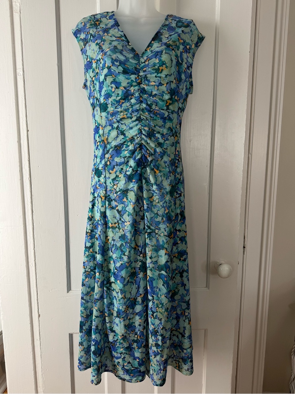 Banana Republic Blue Floral Mesh Sheared V-Neck Midi Dress with Ruched Front